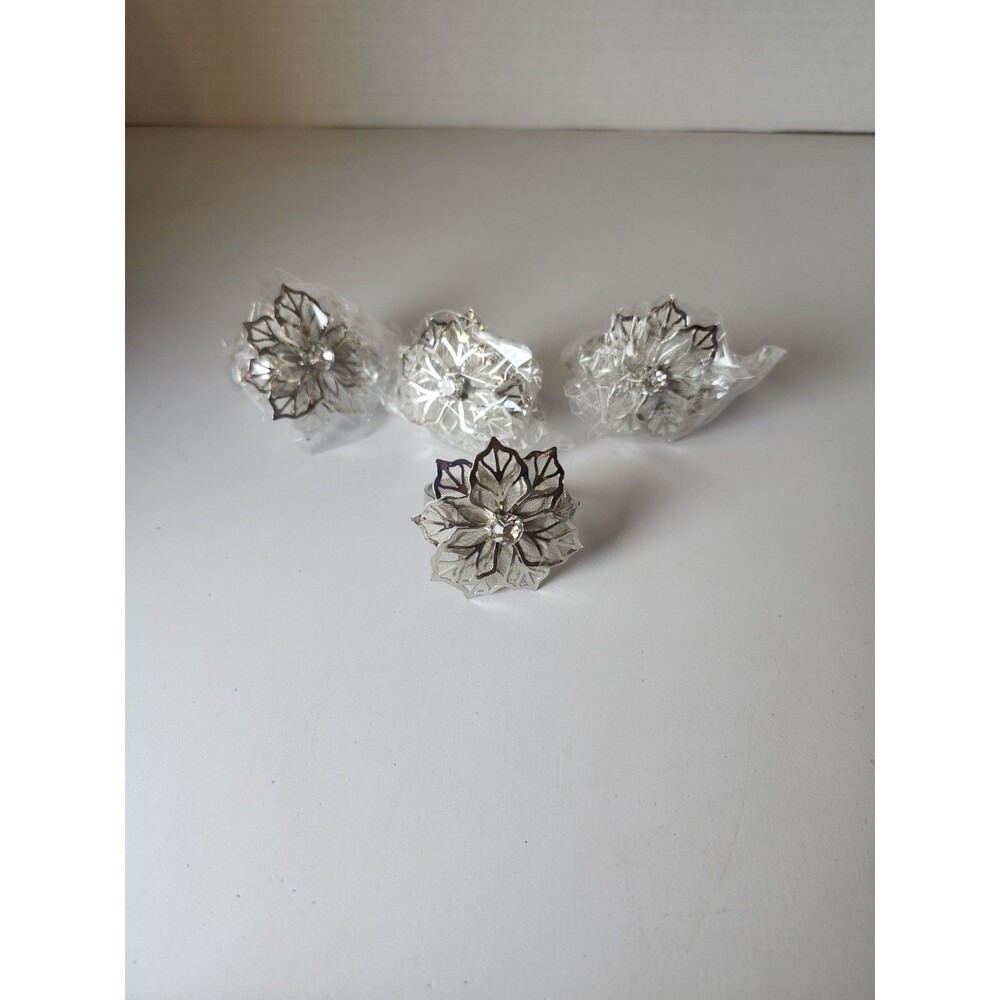 Lot Of 4 Silver Flower With Rinestone Napkin Holders